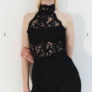 Manuri Cherie Halter Lace Top Backless Floral Lace Black XS EUC